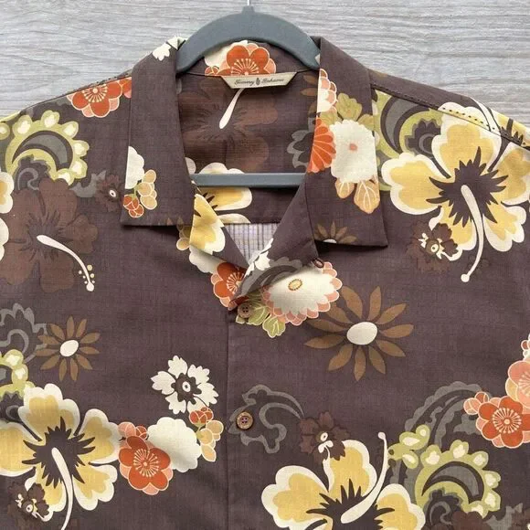 Tommy Bahama Mens Brown Floral Silk‎ Short Sleeve Hawaiian Button-Down Shirt XL - Picture 2 of 10